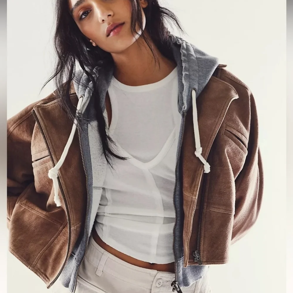 Free People Brown Suede Cropped Leather Jacket with Gray Hooded Liner